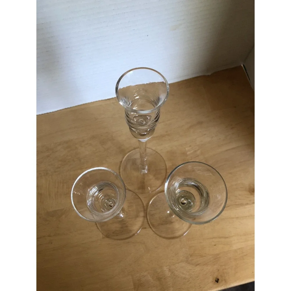 Set Of 3 Long Stem Clear Glass Graduated Hight Tapered Candle Holders